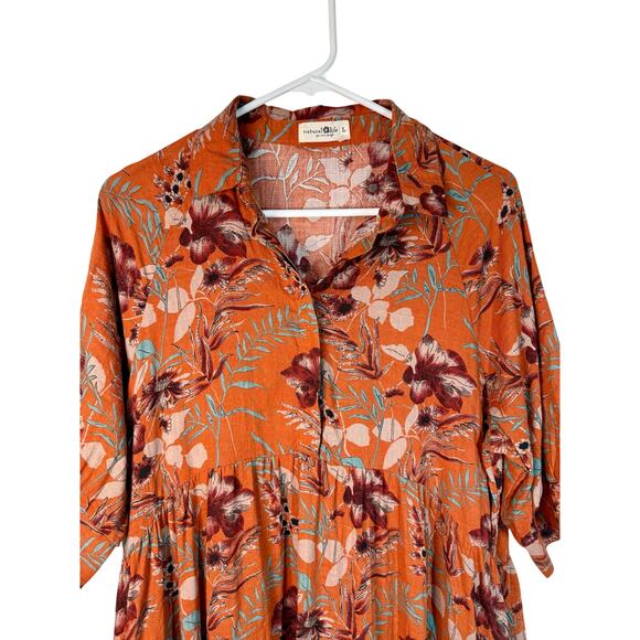 Natural Life Rust Orange and Red Floral Tiered Short Sleeve Midi Dress Size L - Picture 3 of 6
